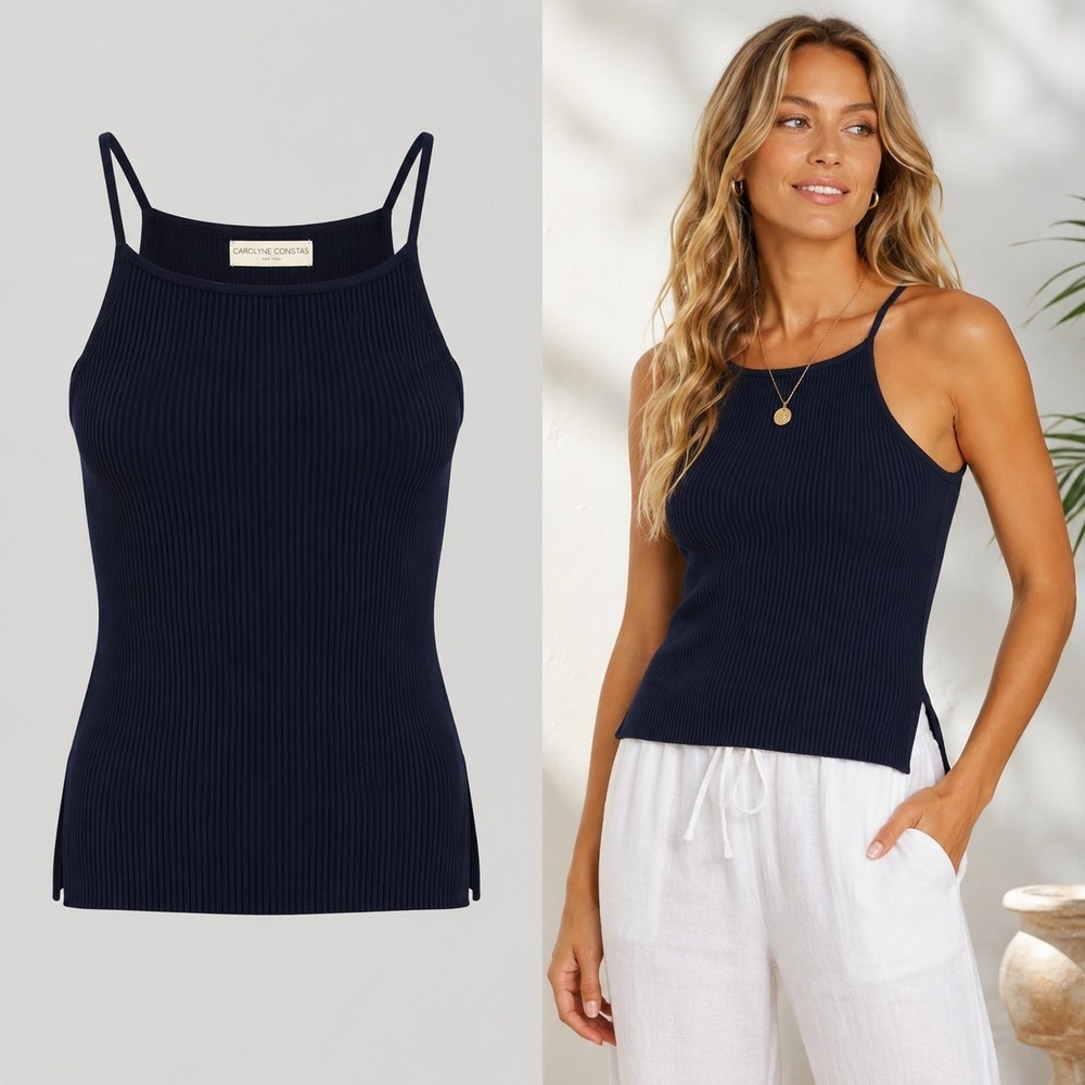 Carolyn Constas Ribbed Knit Tank Top Knit Womens S Navy Blue Designer Office